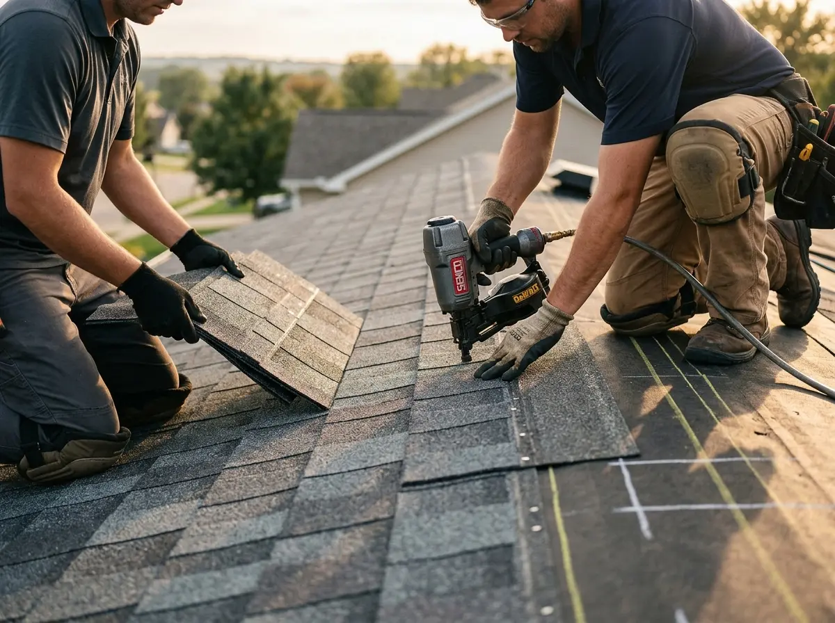 Professional roofer working on a residential roof in Raton